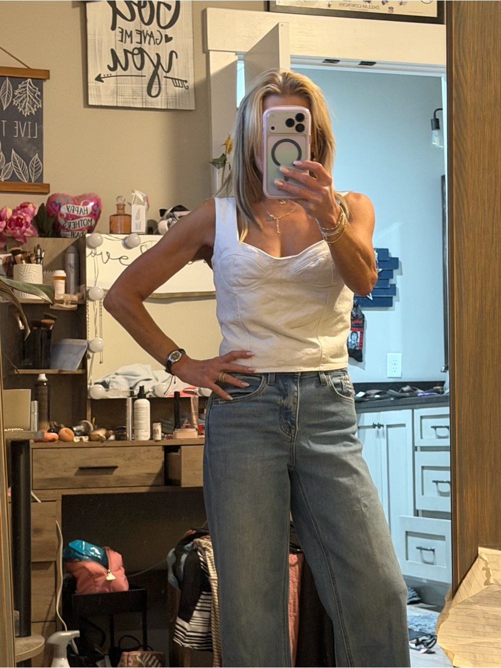 White Sleeveless Corset Top with Light Blue Women’s Jeans
